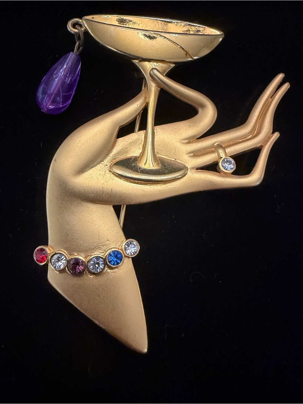 Vintage JJ Jonette Martini Cocktail Hand Brooch Rhinestone Pin